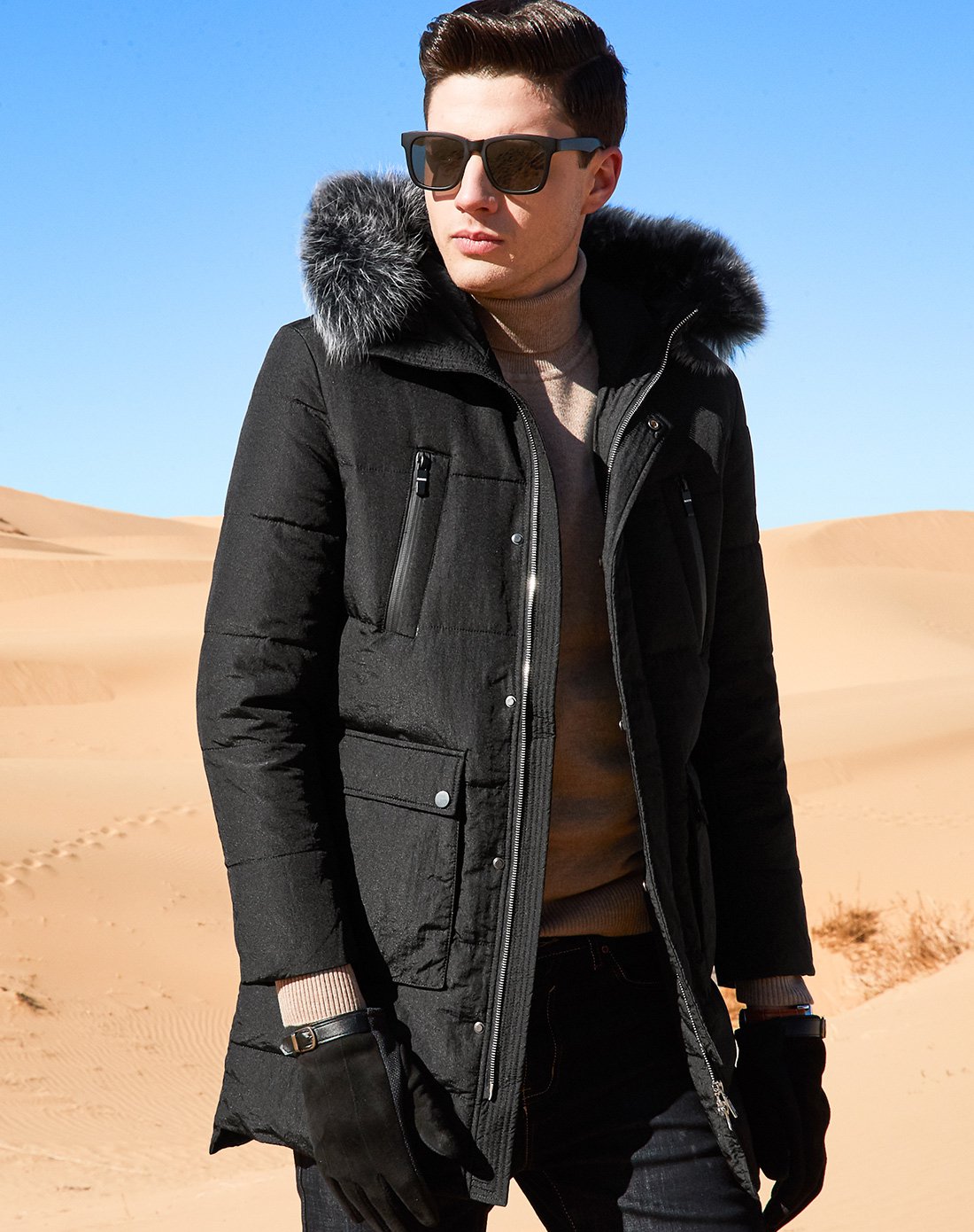 美式大口袋休闲连帽毛领男士羽绒服