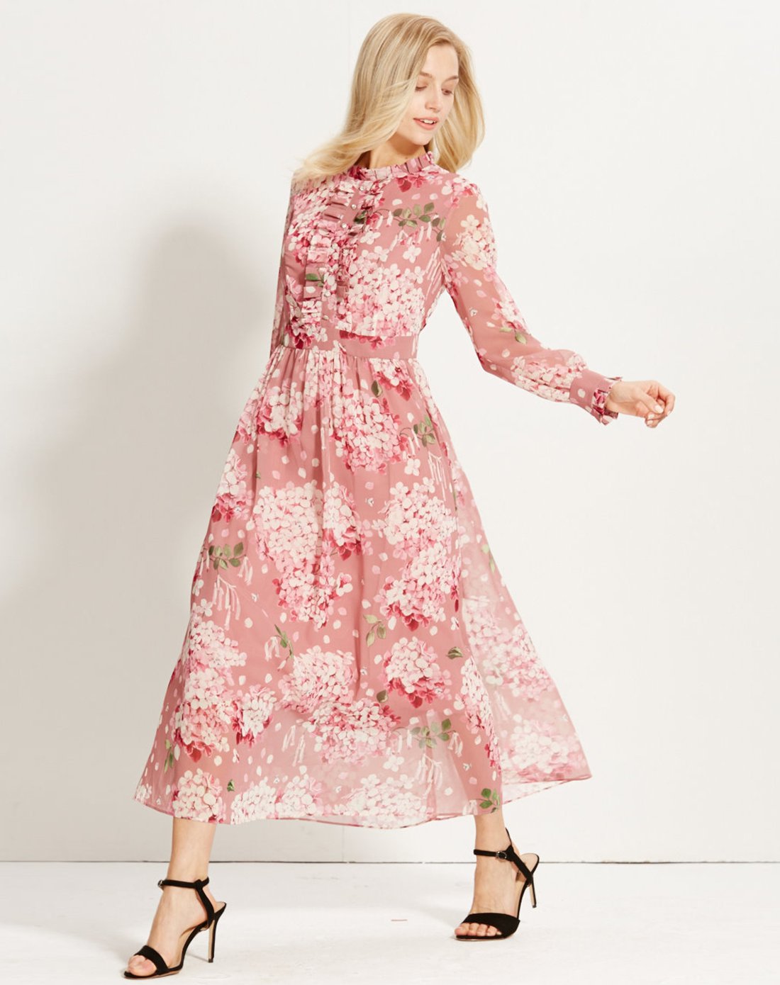 立领粉色桃花雪纺印花连衣裙