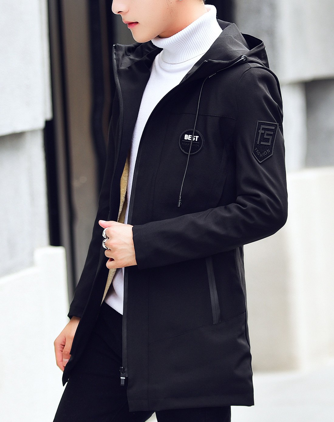 冬季男士连帽中长款加绒夹克棉衣外套