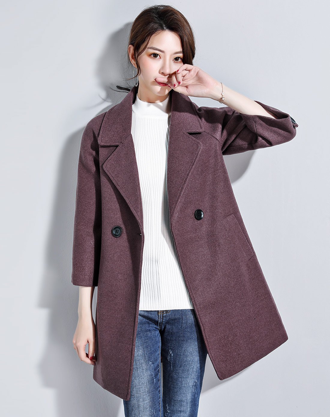 纯色翻领长袖双排扣轻熟风毛呢大衣