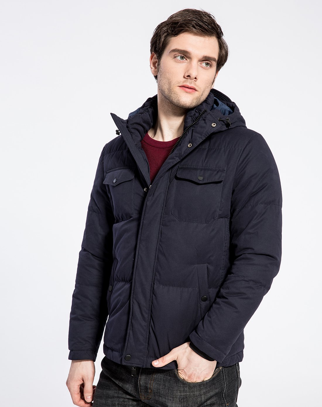 时尚多袋90%白鸭绒加厚保暖 男士羽绒服