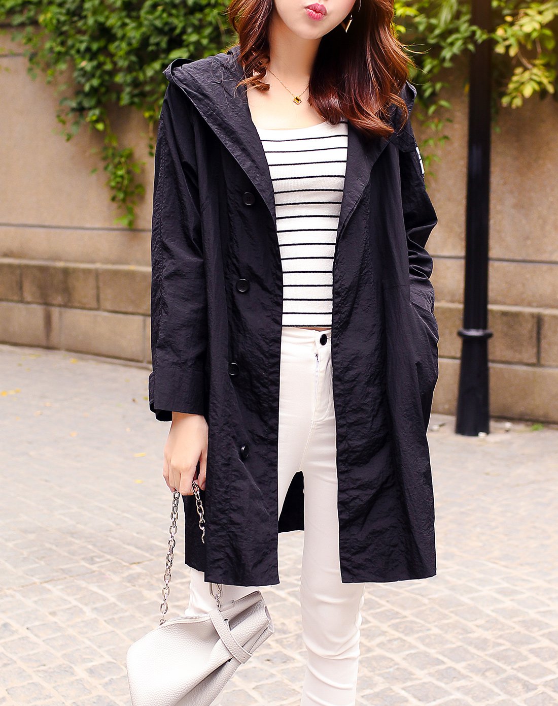 春季新款休闲连帽纯色简约百搭女款外套通勤长袖中长款风衣