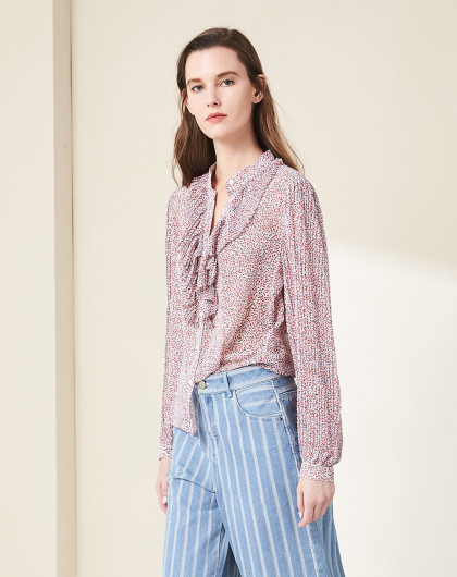 juzui/玖姿新品小立领褶皱木耳边碎花长袖女式衬衫