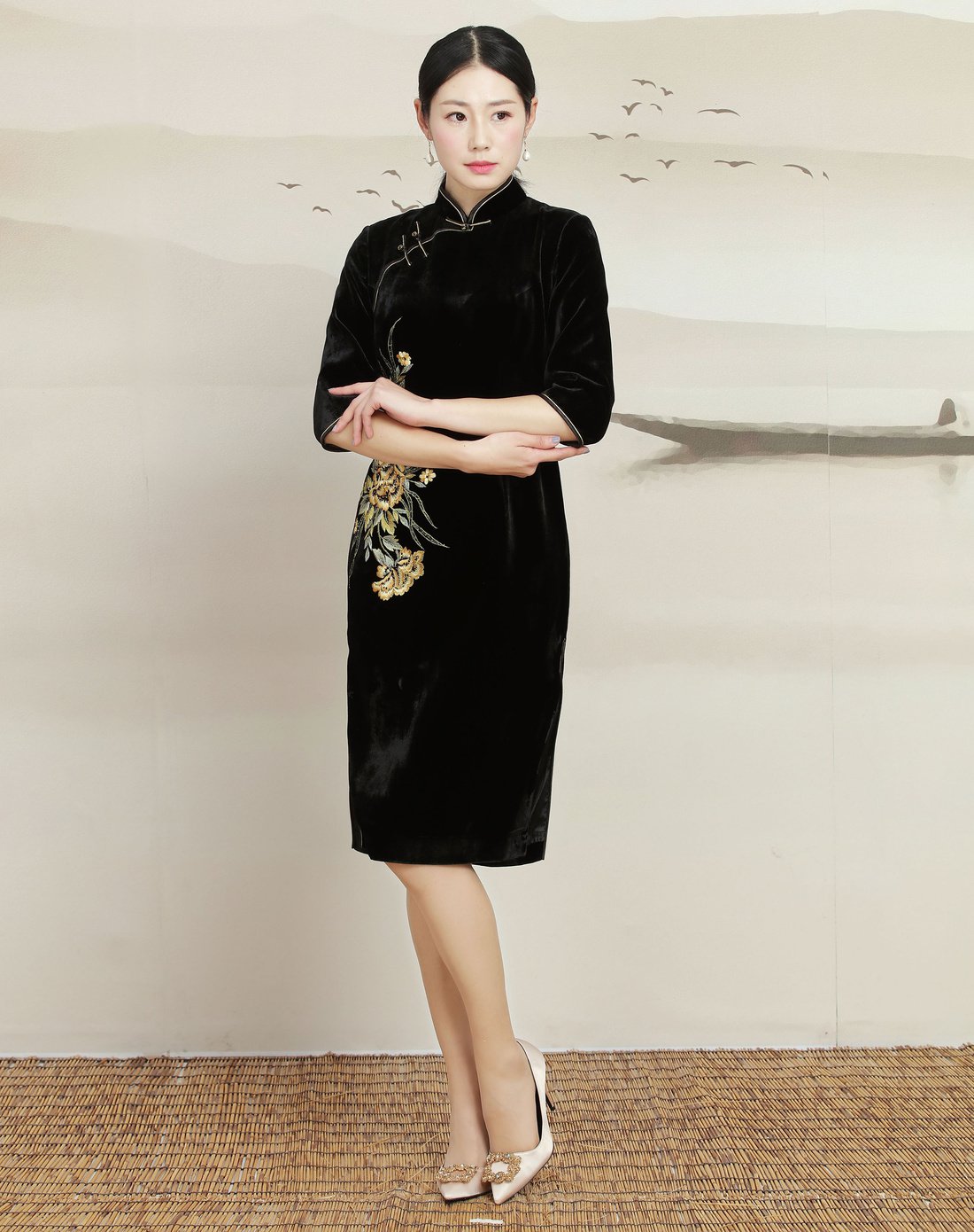 今典女款绣花丝绒旗袍q8s322999_唯品会