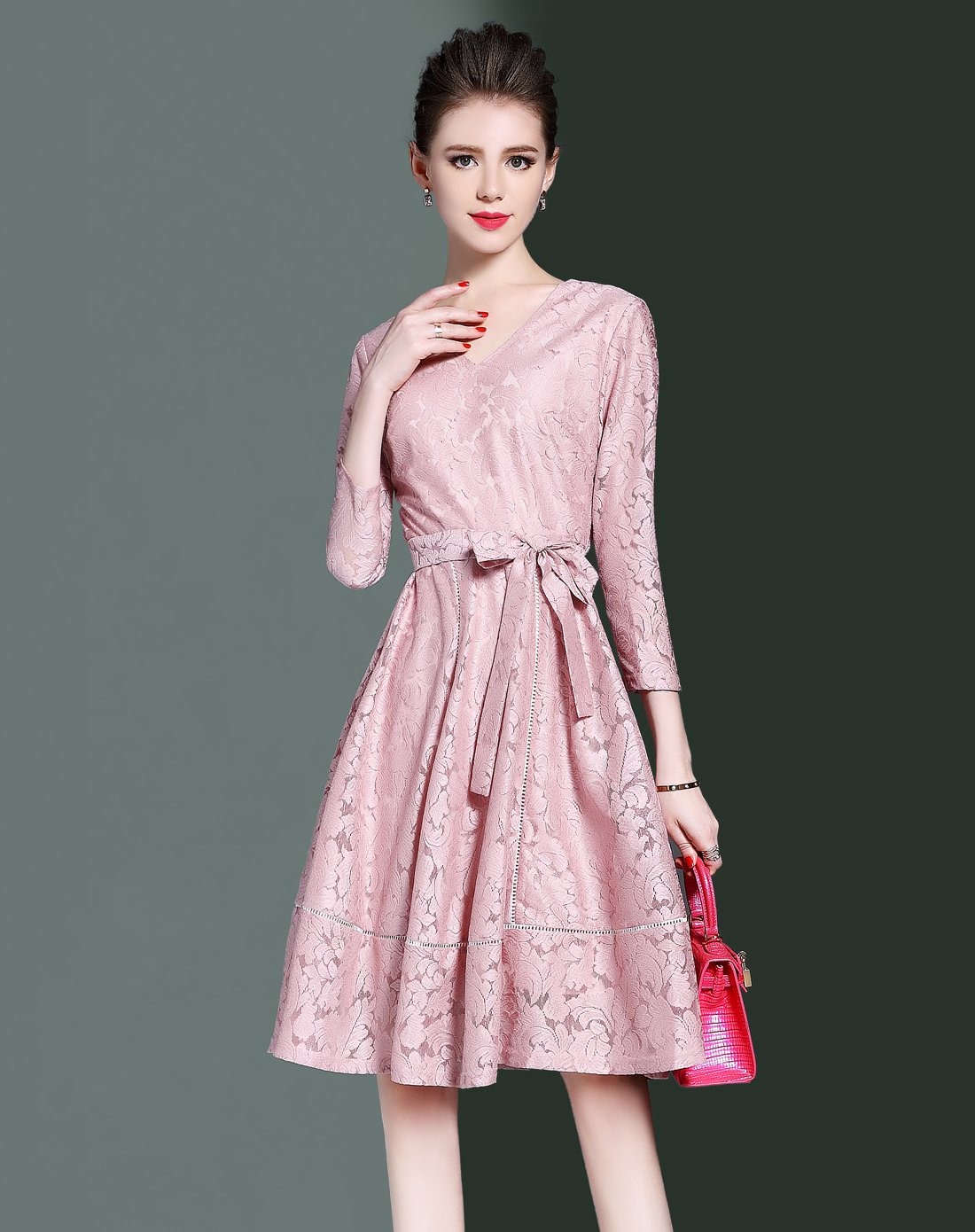 海青蓝欧美v领七分袖蕾丝女优雅气质收腰连衣裙731c22776_唯品会