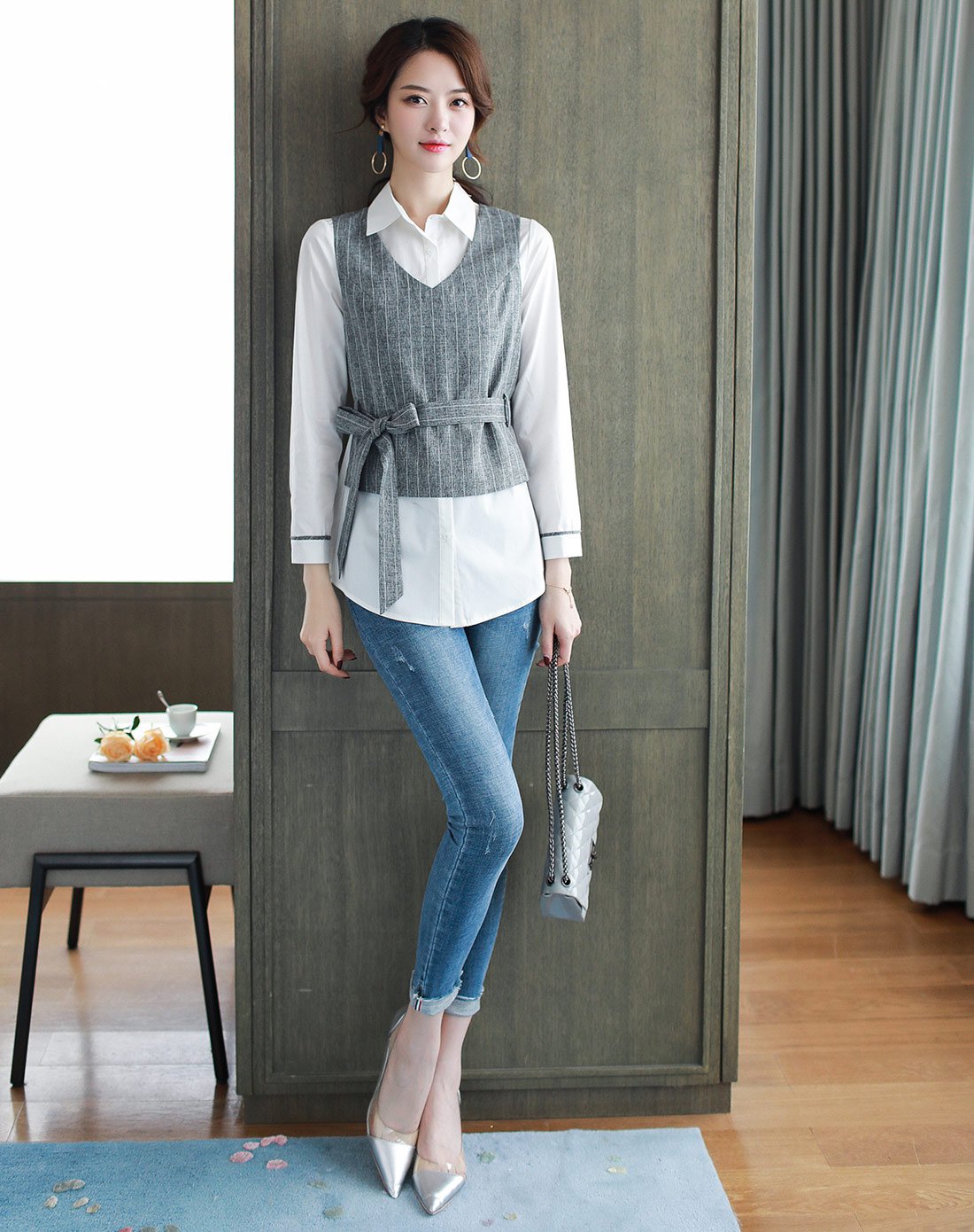 女款韩版休闲衬衫配背心时尚两件套