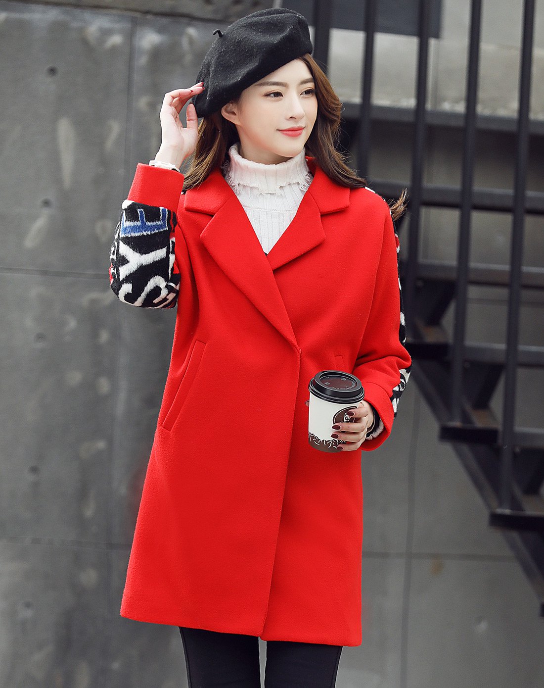 女红色图案时尚韩版呢子大衣外套