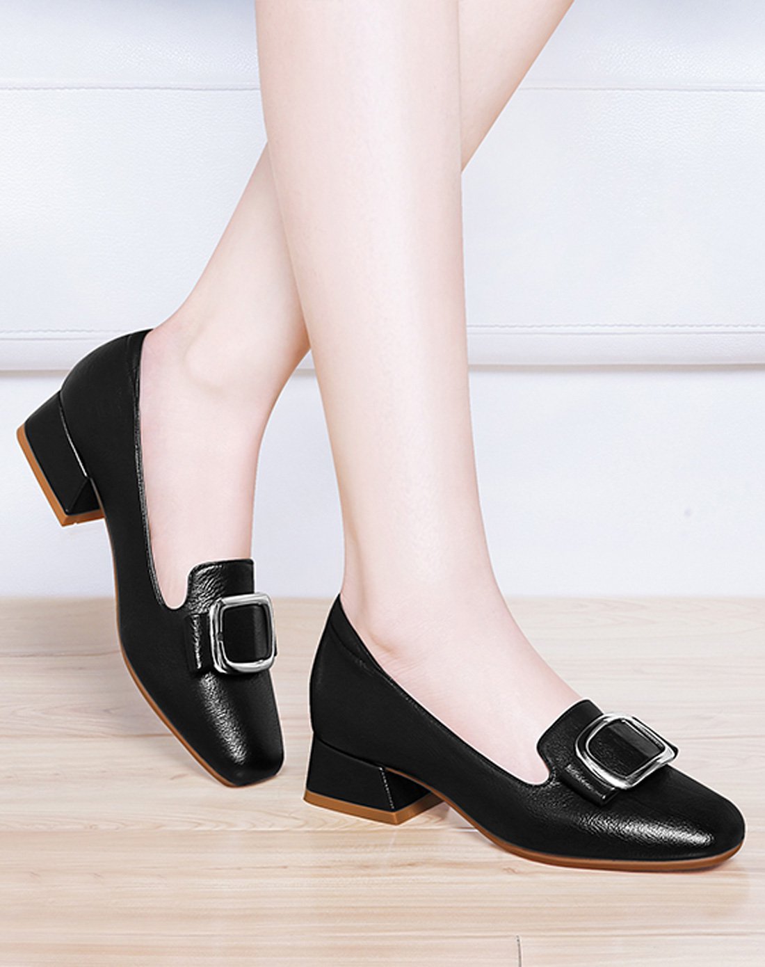 2018秋季女鞋【畅销款】女鞋金属方扣方跟浅口方头单鞋女单鞋女鞋中跟