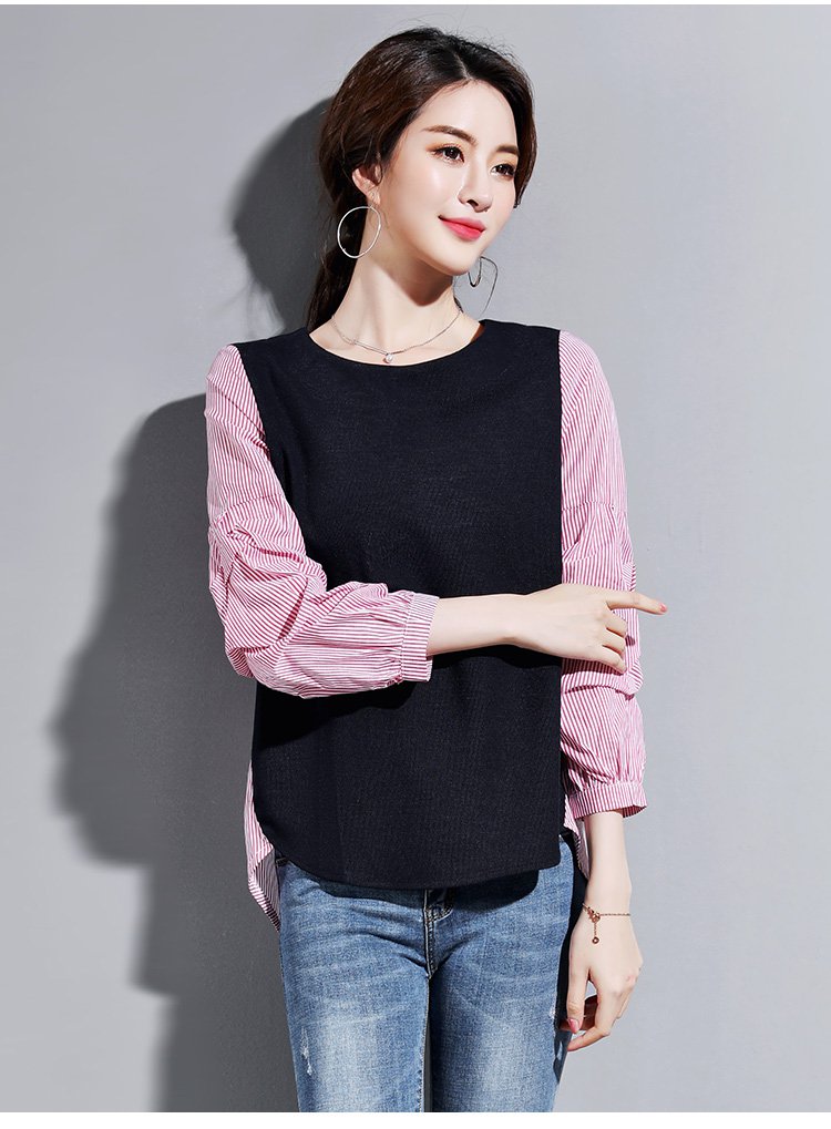 圆领九分堆堆袖假两件拼接韩版百搭宽松衬衫