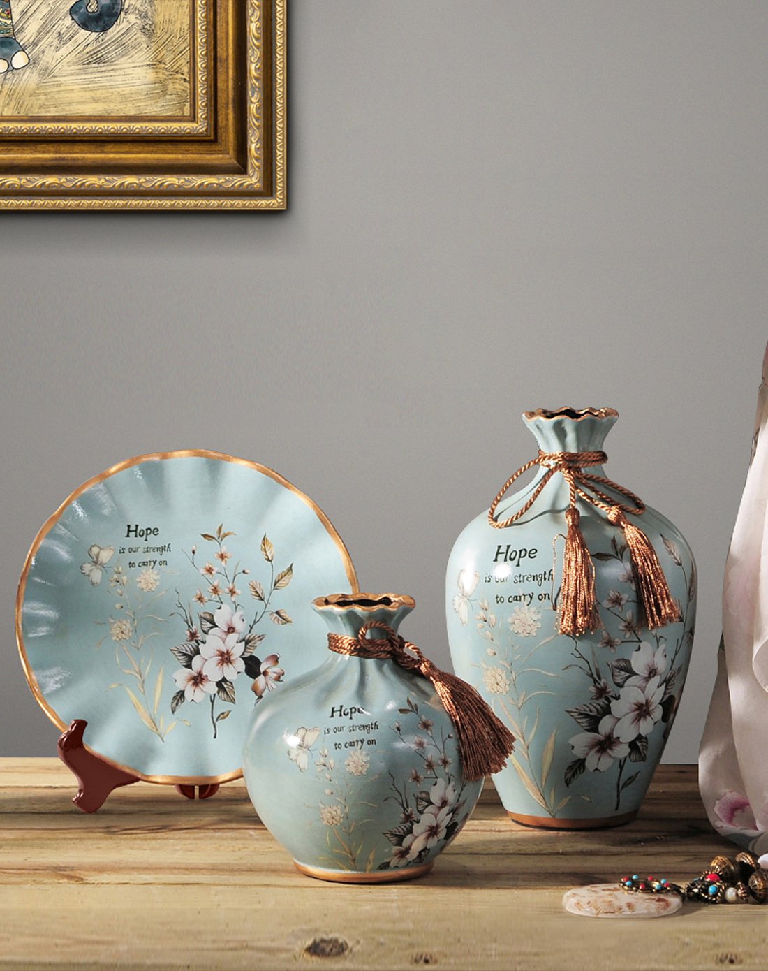 美式复古客厅玄关插花装饰品家居书房仿真花摆设陶瓷花瓶盘子摆件