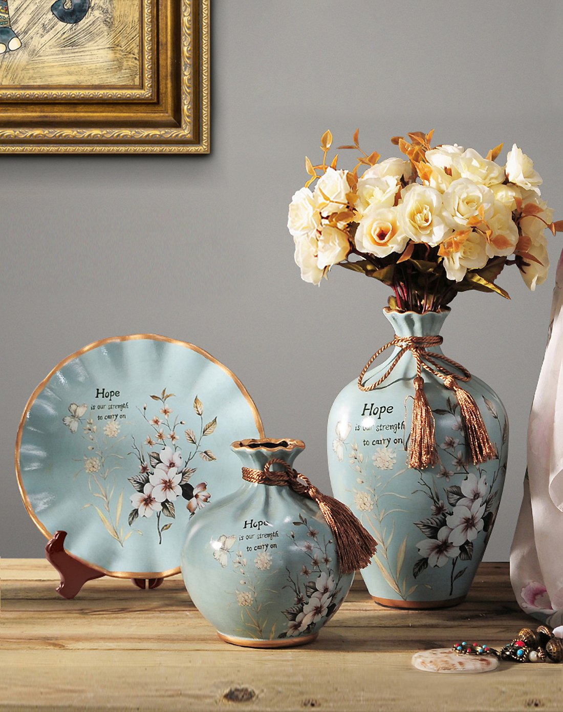 美式复古客厅玄关插花装饰品家居书房仿真花摆设陶瓷花瓶盘子摆件