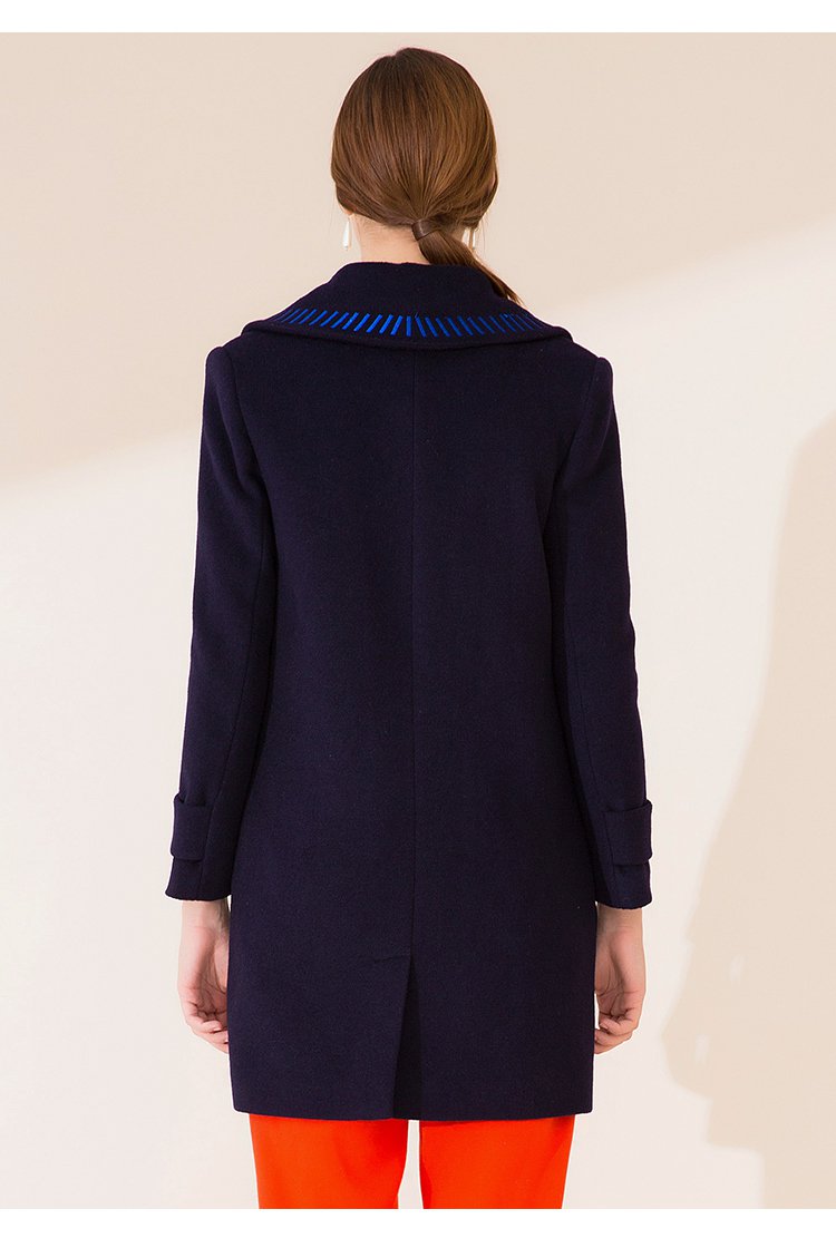 zimmur商场同款 深蓝色长袖翻领优雅修身气质中长款毛呢大衣