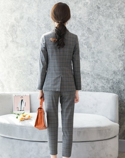 女款时尚休闲细格子韩版修身显瘦ol气质西服套装mt8c0720122_唯品会
