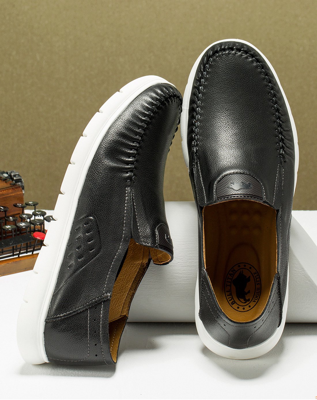 bull titan男鞋春秋季男士休闲鞋男韩版潮百搭套脚英伦皮鞋男真皮板鞋