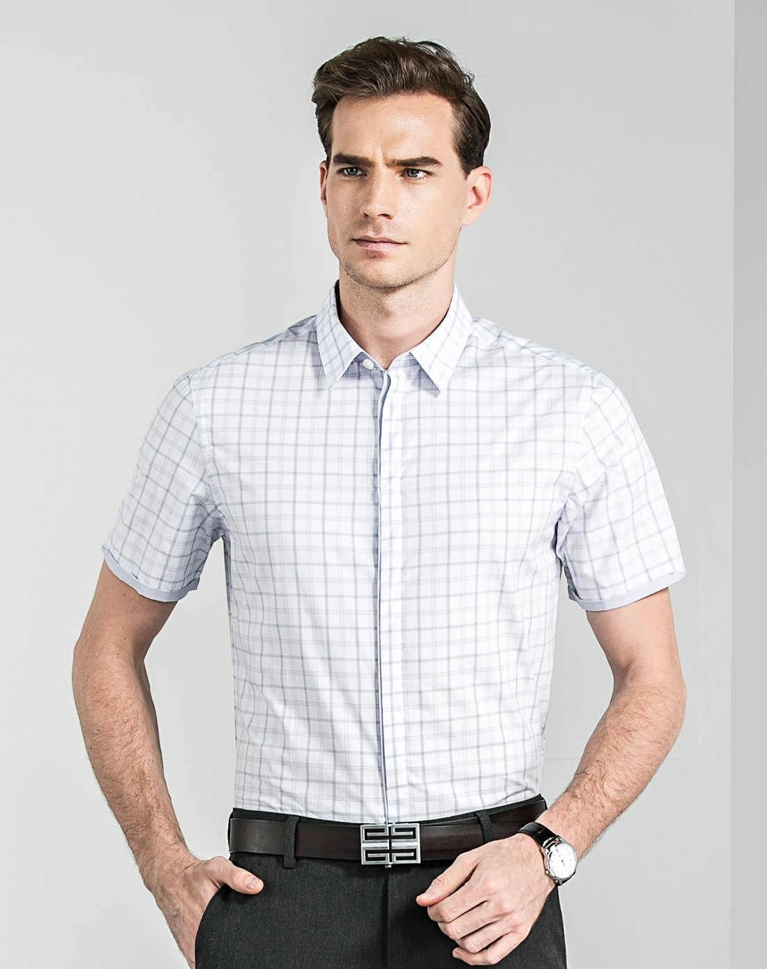 凯撒大帝男装专场 凯撒大帝浅灰色田子格纹短袖礼衬男士衬衫