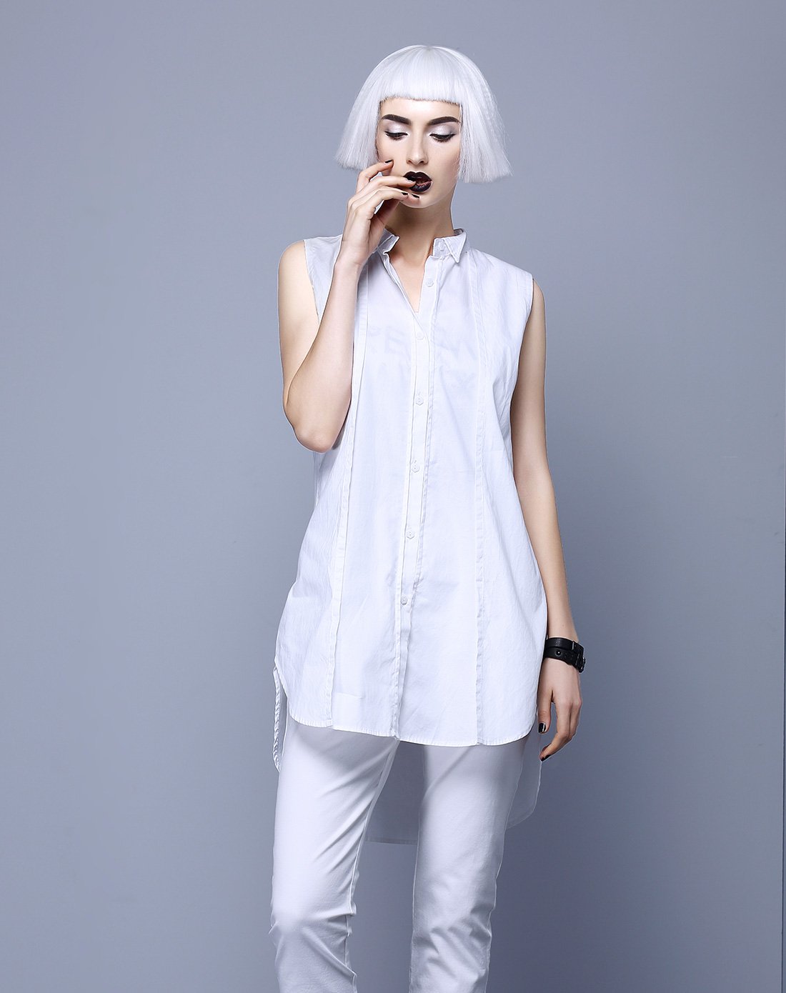 欧宝原创设计师潮牌女装时尚个性修身休闲中长坎肩衬衫无袖衬衣背心