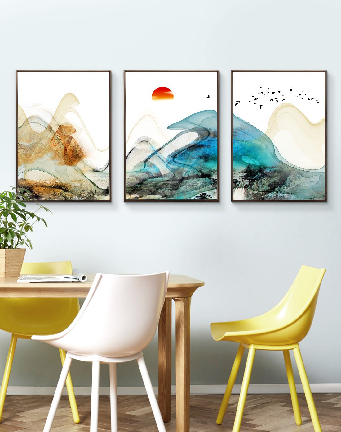 铜色金属外框多尺寸组合挂画客厅新奇含鲜花绿植画面装饰画