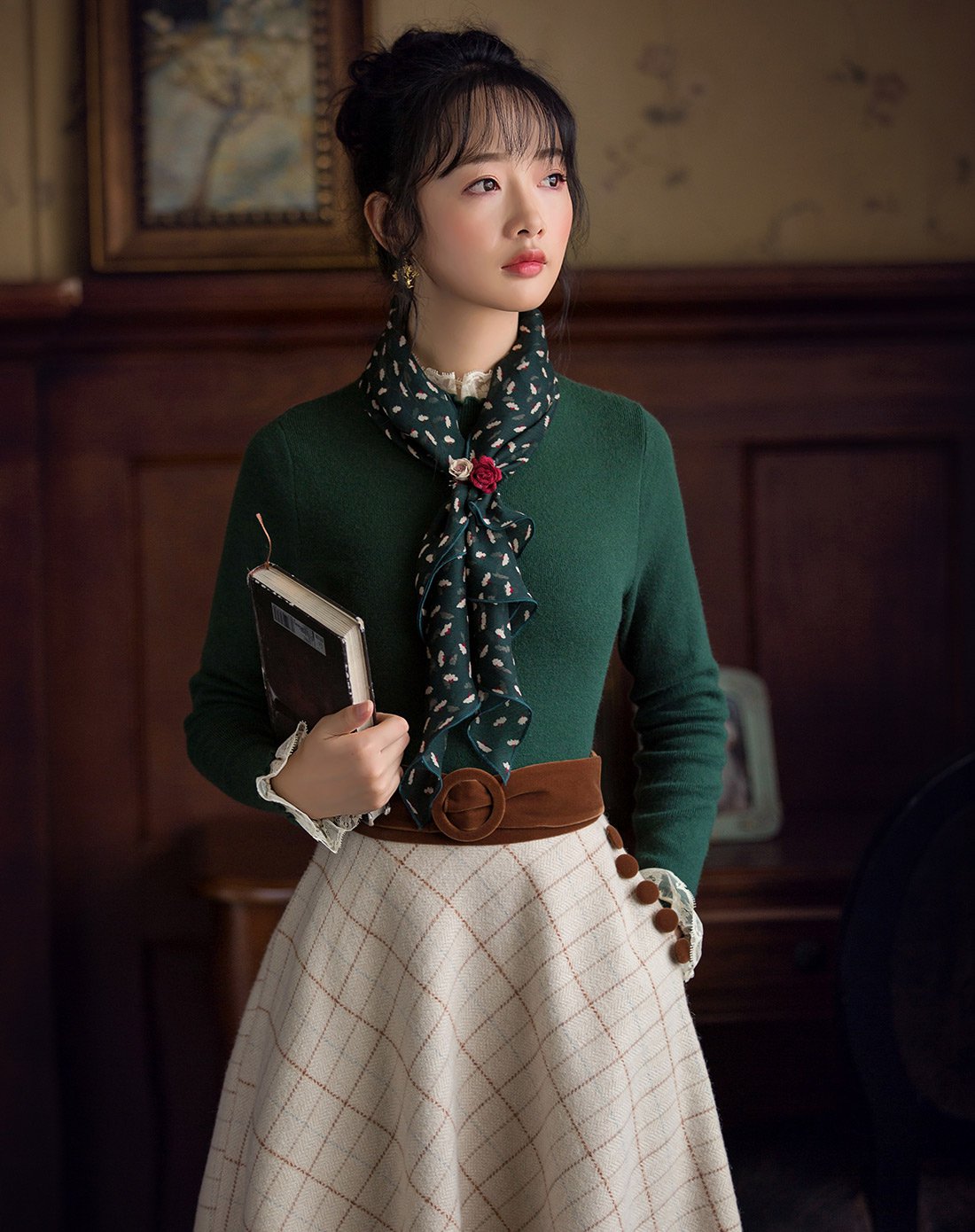 筱姿夕颜秋恋2017秋冬新款女装复古修身丝巾针织文艺蕾丝纯色毛衣