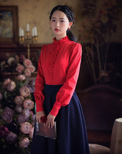 筱姿冬季新款女装复古木耳边女式衬衫纯色上衣系带长袖衬衫