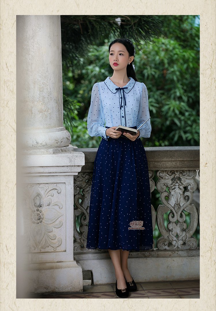筱姿春季新款女装复古长袖雪纺衬衫蝴蝶结波点女士衬衣
