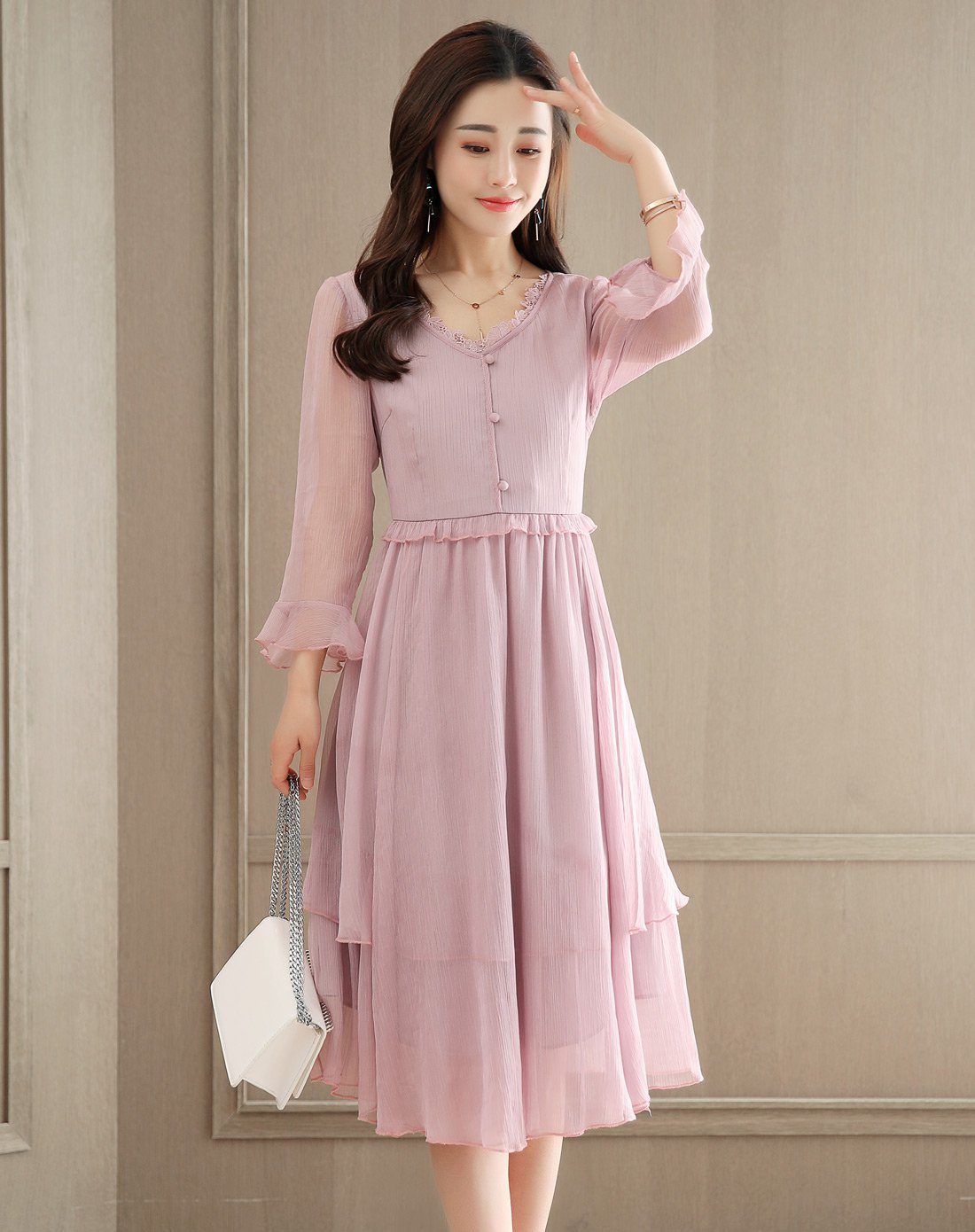 【2018春装新款】时尚简约款气质中长裙优雅淑女纯色显瘦裙子雪纺长袖