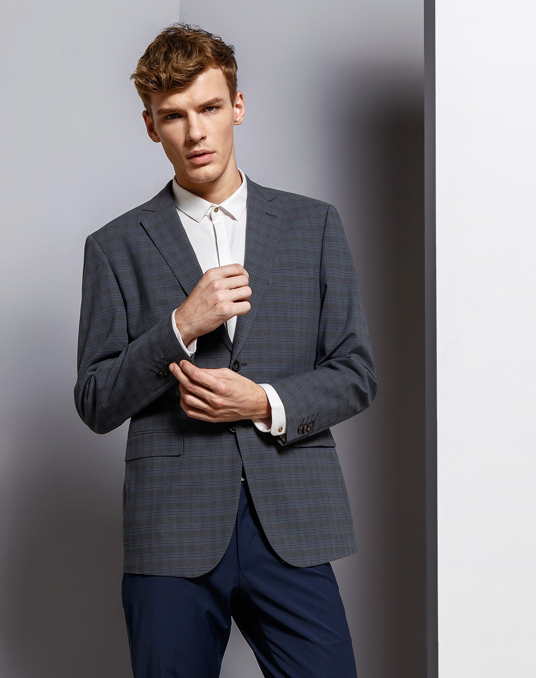 棉混纺挺括有型格纹男士西装外套