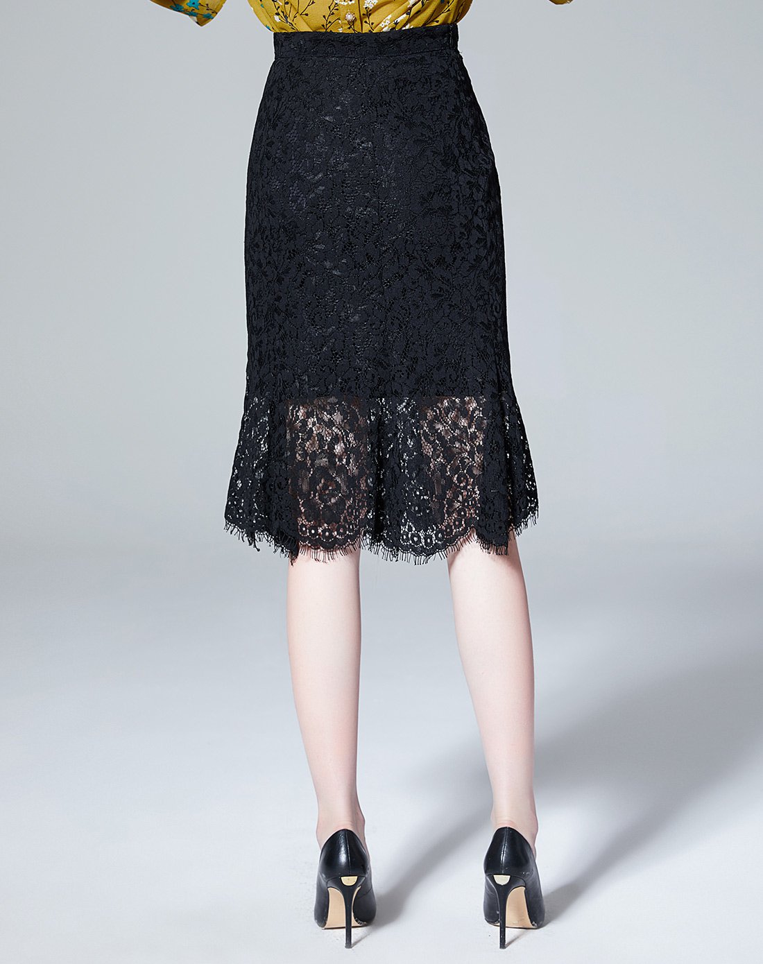 时尚复古百搭女士黑色蕾丝半身裙 简约通勤优雅镂空纯色透视包臀半裙