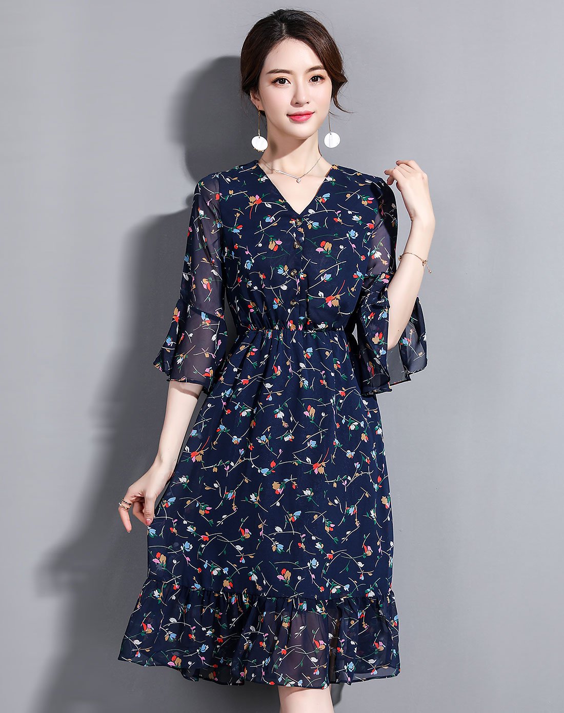 韩风夏季v领荷叶半袖高腰修身显瘦透气高贵轻熟风印花雪纺连衣裙