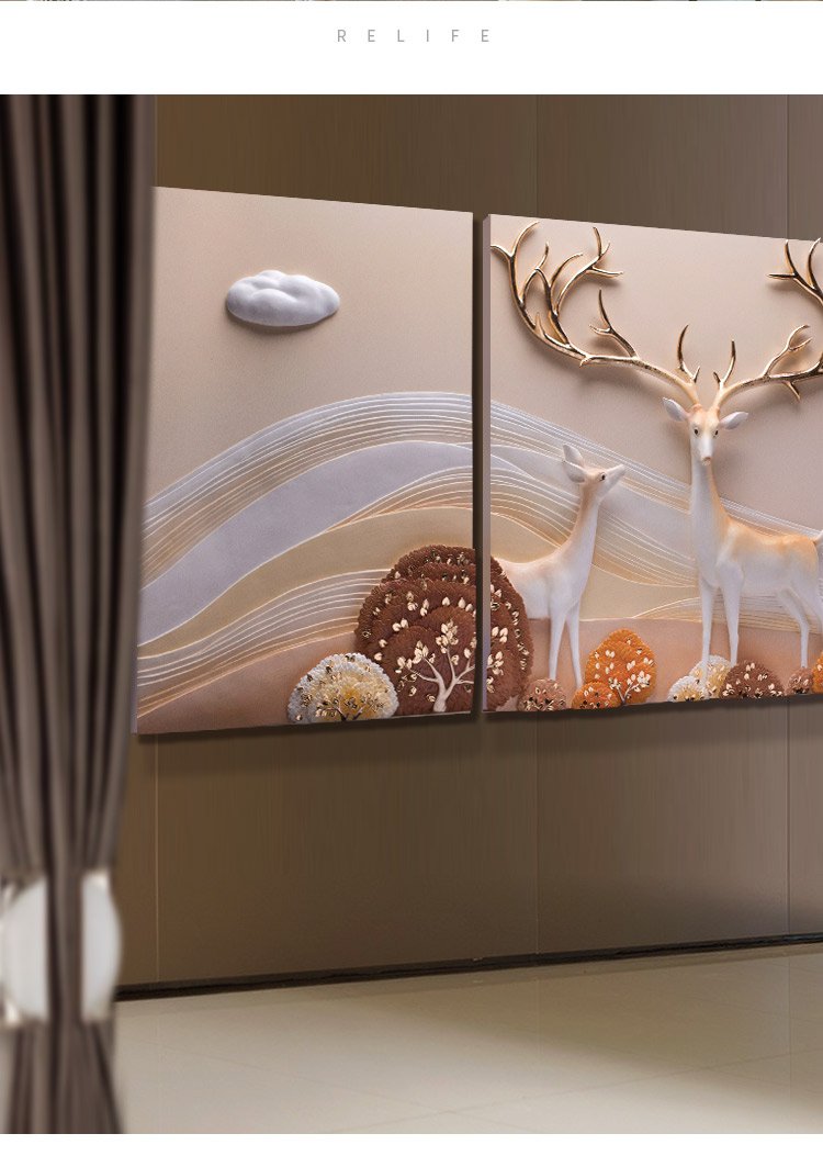 大气发财鹿三联立体浮雕墙面客厅挂画 沙发背景墙装饰画艺术手绘壁画