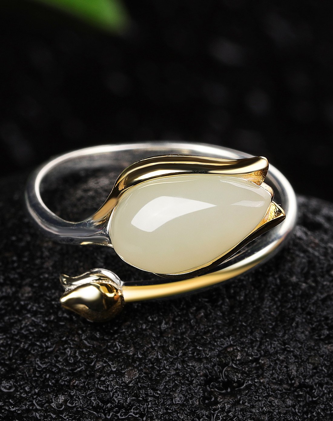 bhd s925银镶和田玉水滴戒指/开口戒指/和田玉戒指/银镶开口戒指有