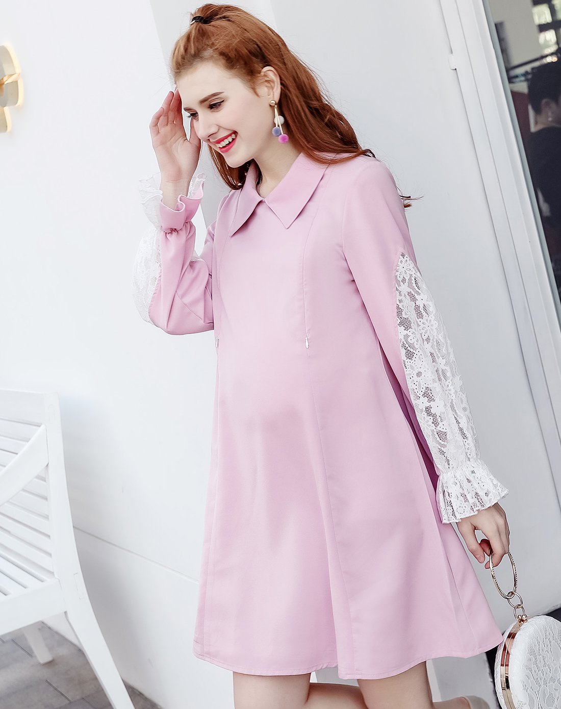 兔妈哺乳期春装新款粉色袖拼蕾丝孕妇连衣裙外出潮妈孕妇装