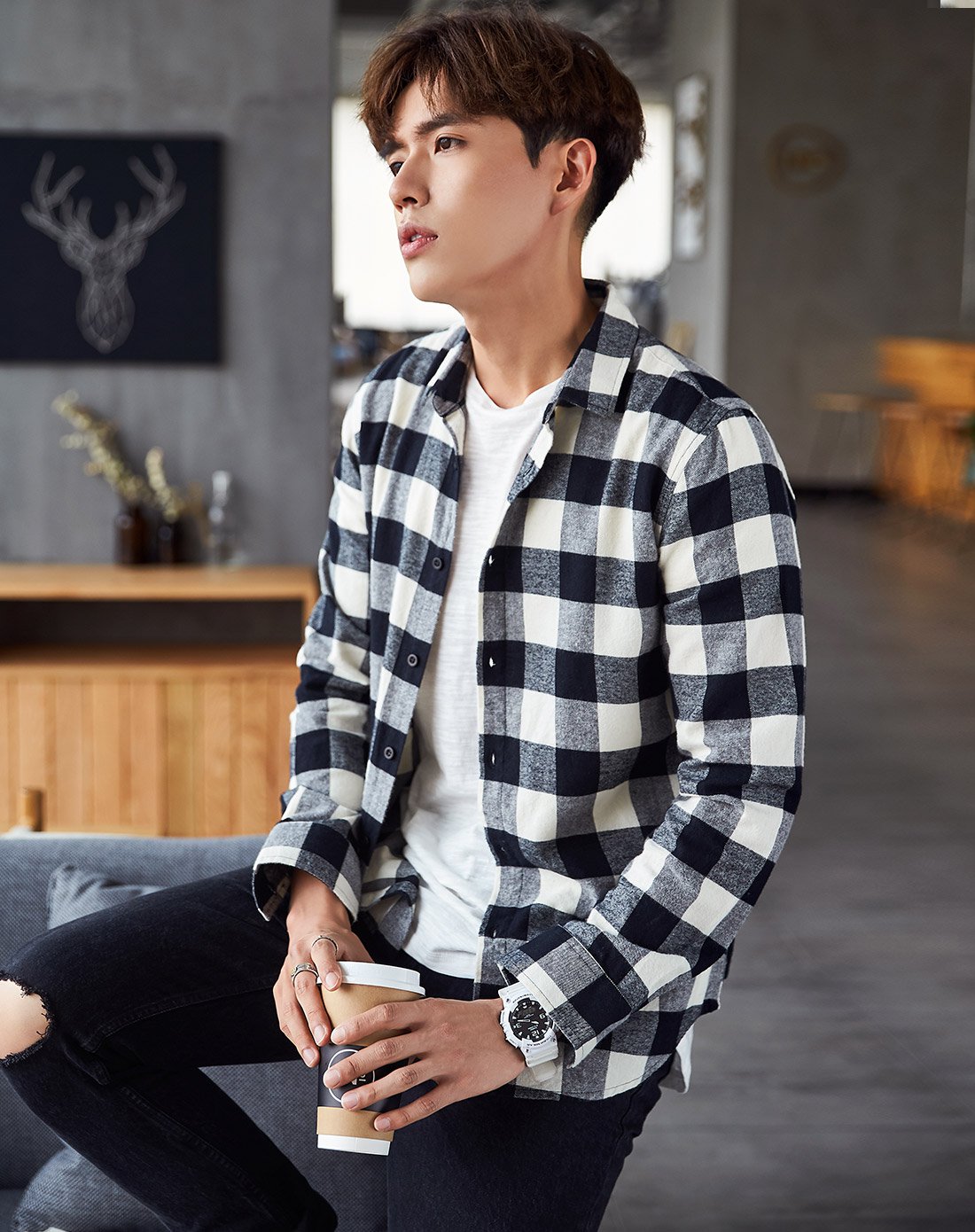 春季新品经典格子时尚休闲男士长袖衬衫