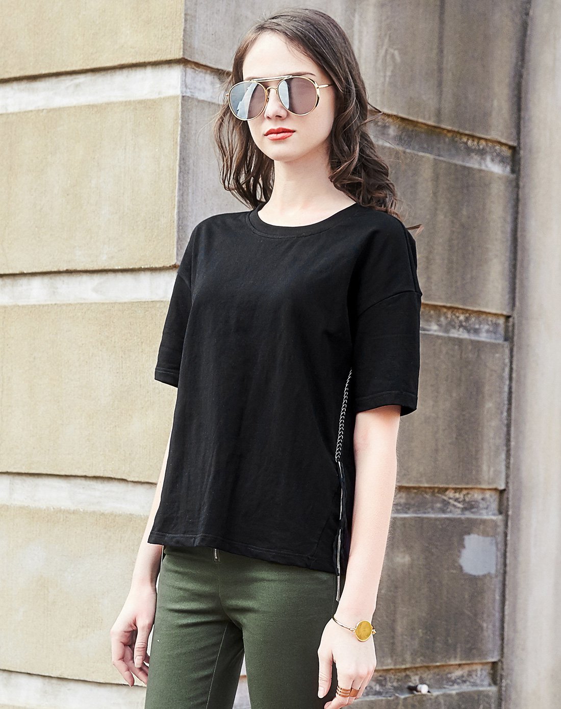 2017夏装新款 纯色简约落肩短袖圆领t恤百搭打底衫