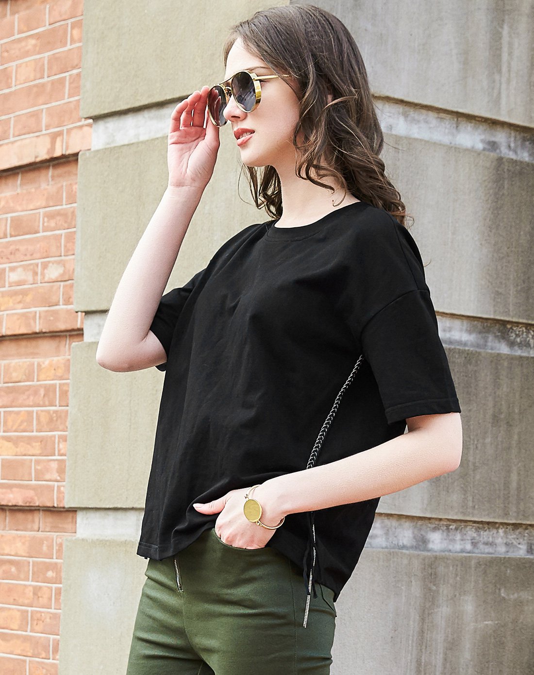 2017夏装新款 纯色简约落肩短袖圆领t恤百搭打底衫