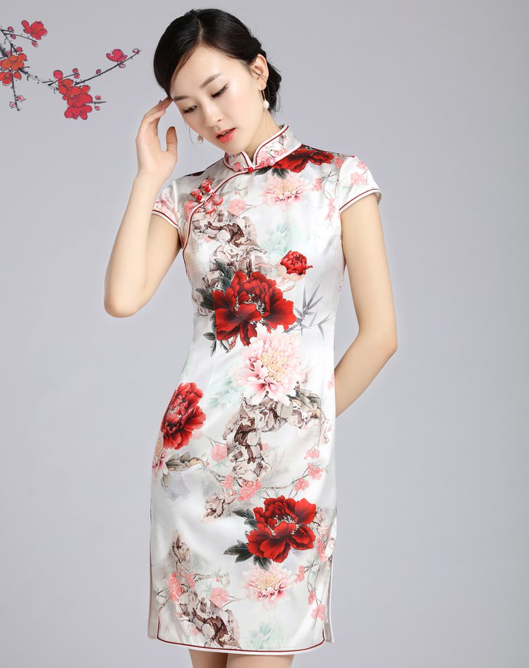 女款牡丹印花真丝旗袍