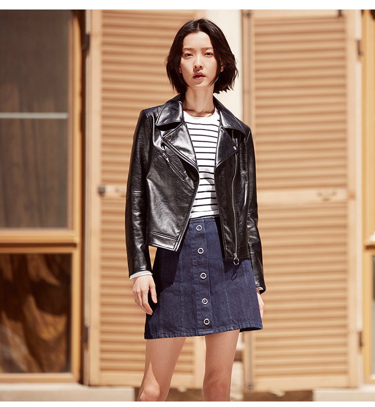 时尚气质 女款外套 个性翻领舒适有型皮衣外套黑色