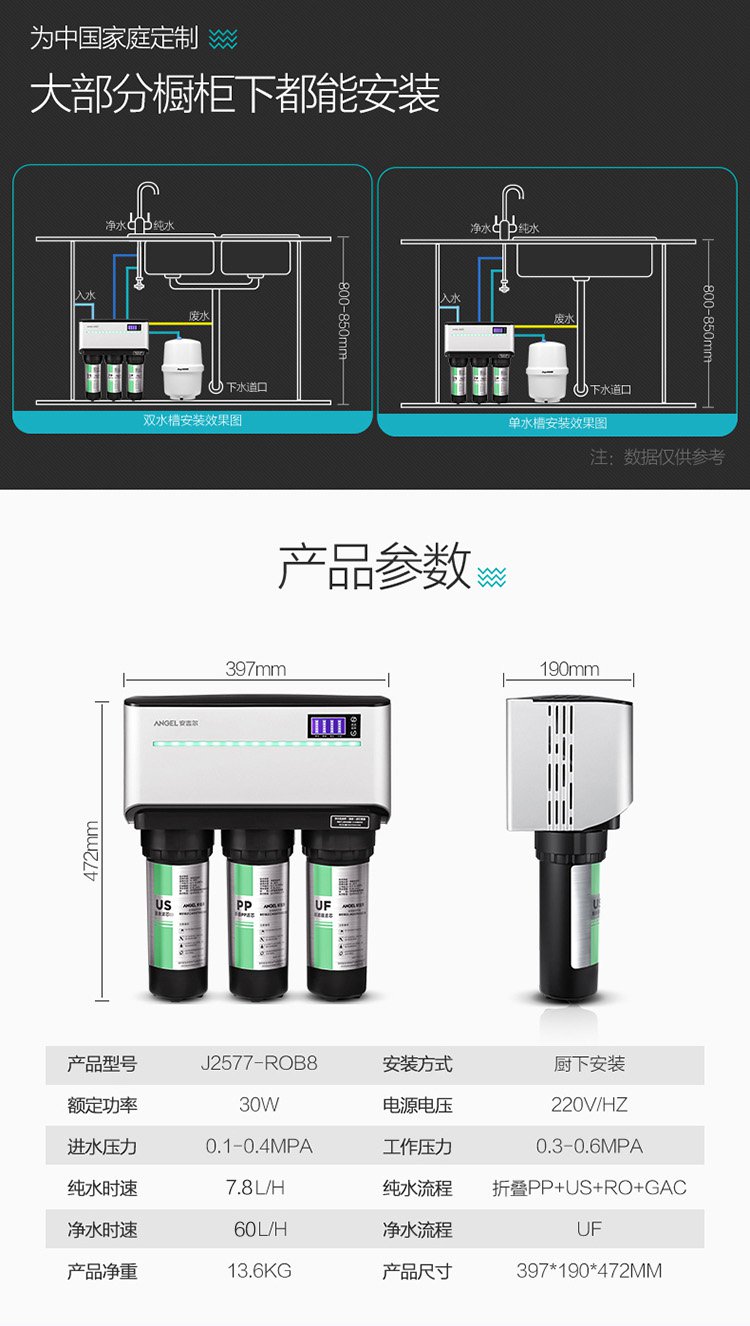 安吉爾直飲反滲透多膜雙出水淨水器j2577-rob8