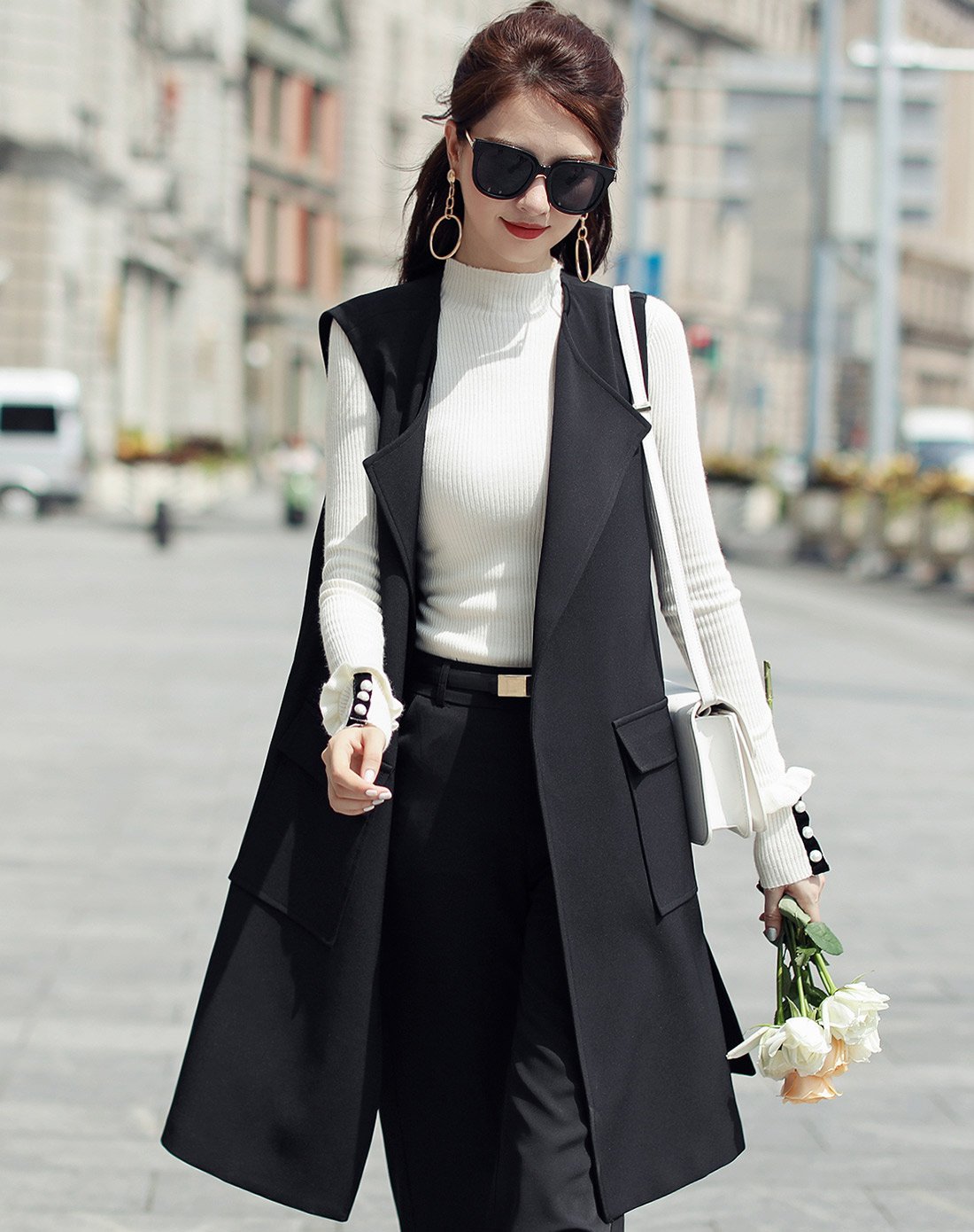 无袖风衣马甲背心女春夏中长款韩版2018新款女装韩版黑色开衫