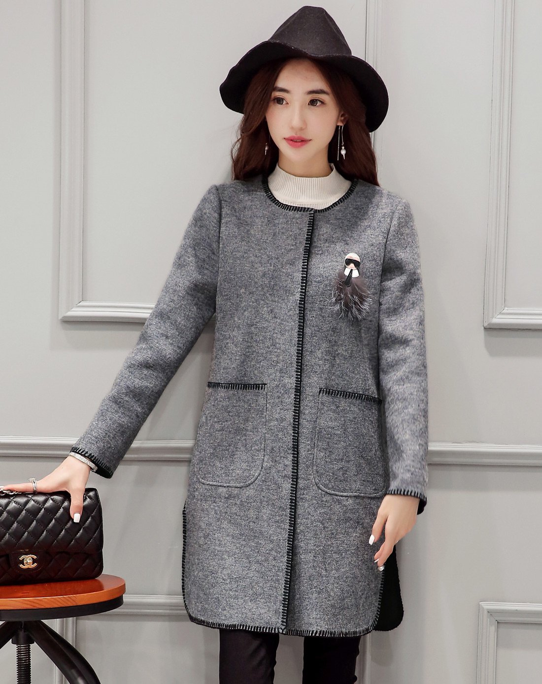 女灰色时尚韩版简约呢子大衣外套(配胸针)