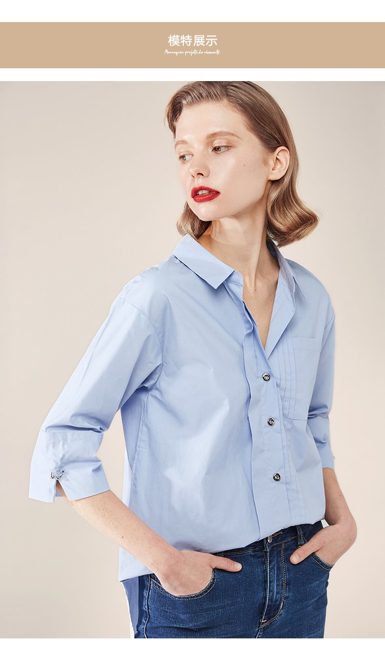 2018年秋季新款 气质v领七分袖宽边袖口 女款衬衫