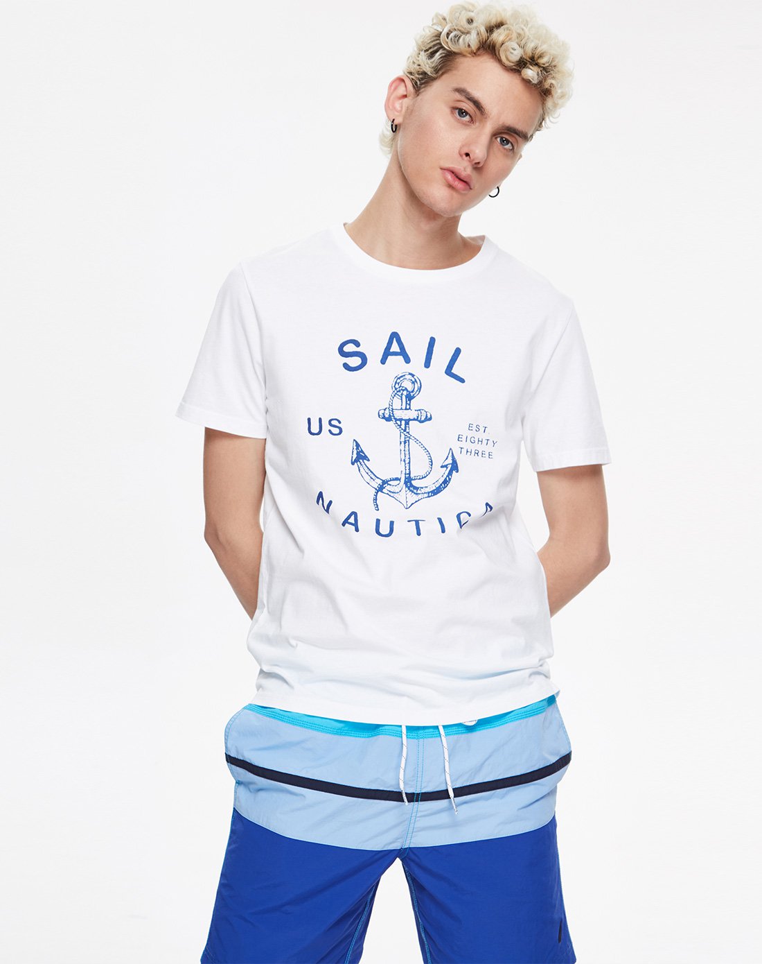 nautica诺帝卡2018新品男士短袖圆领纯棉印logot恤