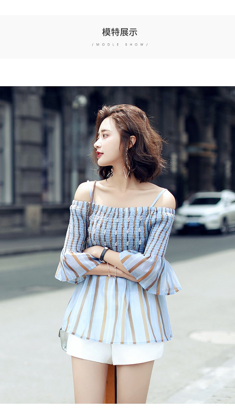 喇叭袖一字领露肩网纱吊带上衣女装2018春秋季新款娃娃雪纺衫t恤