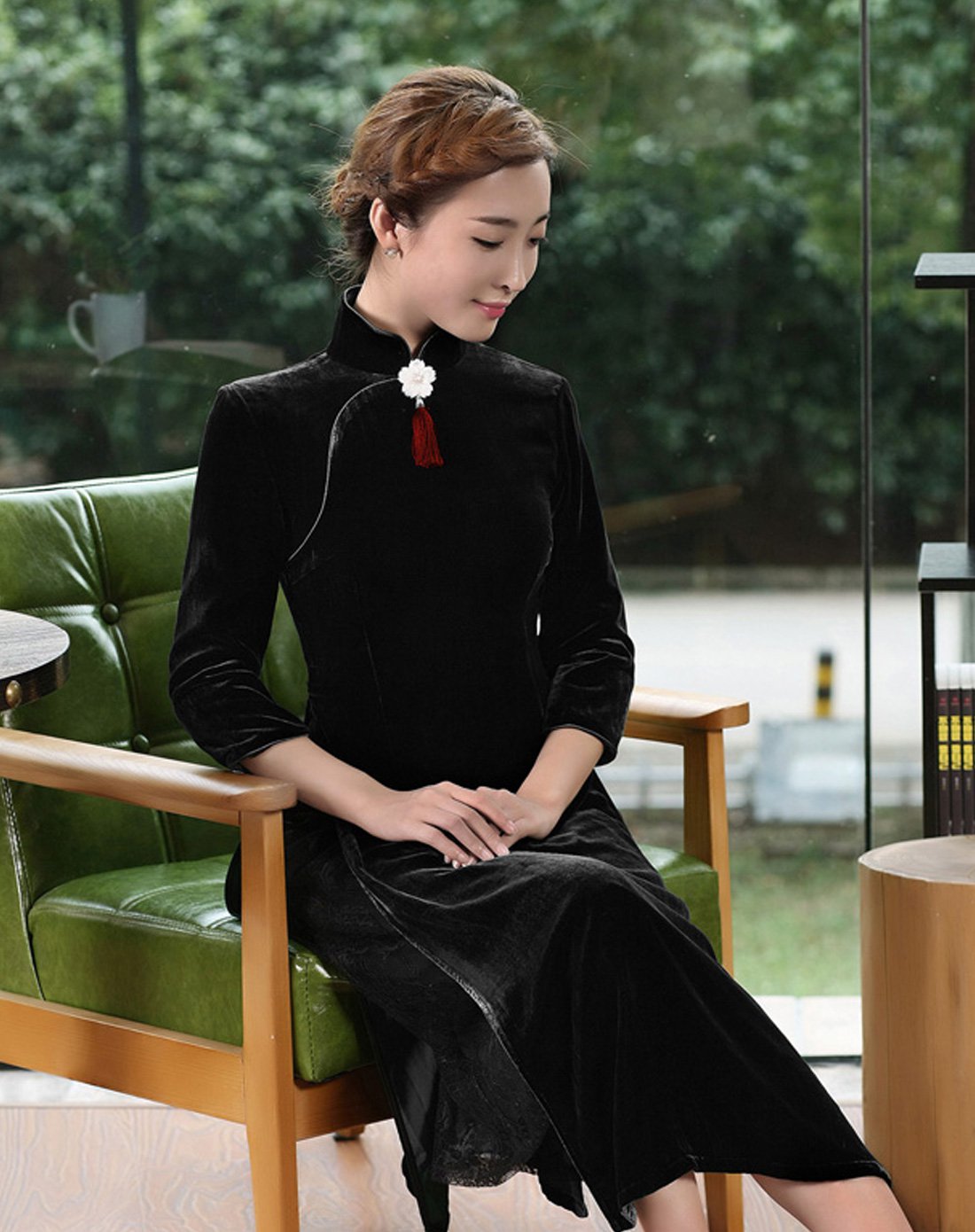 崔万志雀之恋春秋复古丝绒旗袍改良长款旗袍连衣裙中长袖丝绒旗袍裙