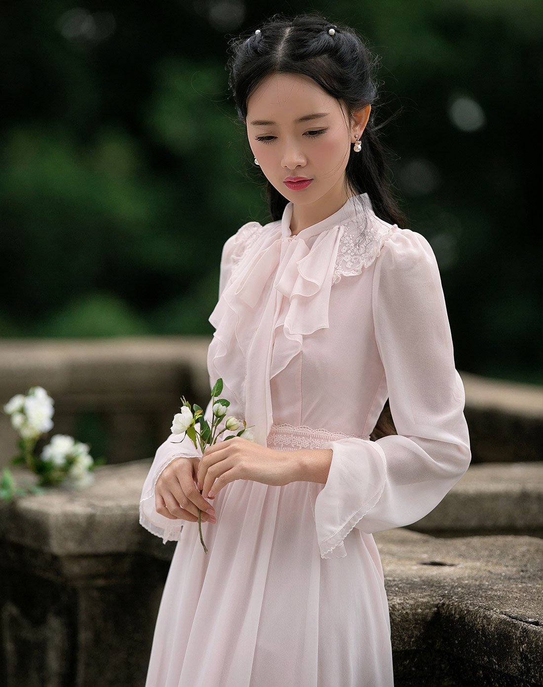 筱姿 芳华如初 春季新款女装复古雪纺连衣裙长袖蕾丝蝴蝶结裙子