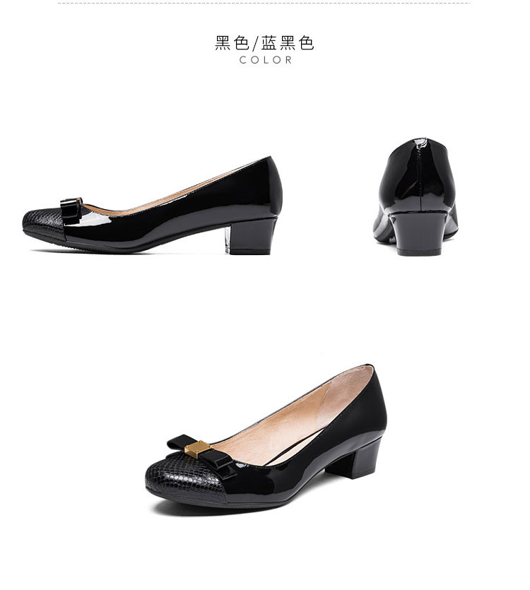 圆头真皮粗跟女单鞋汤普女鞋
