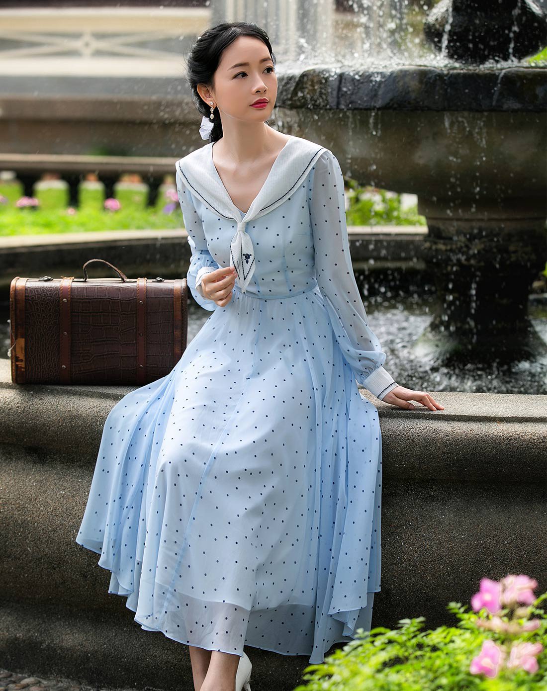 筱姿 梦间集 春季新款女装复古绣花连衣裙蝴蝶结波点雪纺中长裙