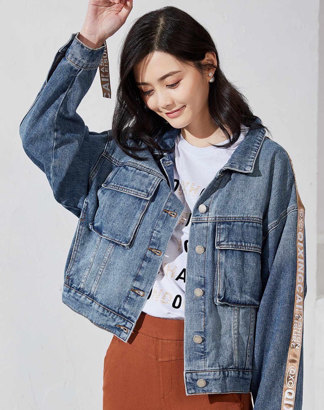 翻领飘带个性口袋落肩袖长袖宽松原宿风学生牛仔衣女士外套