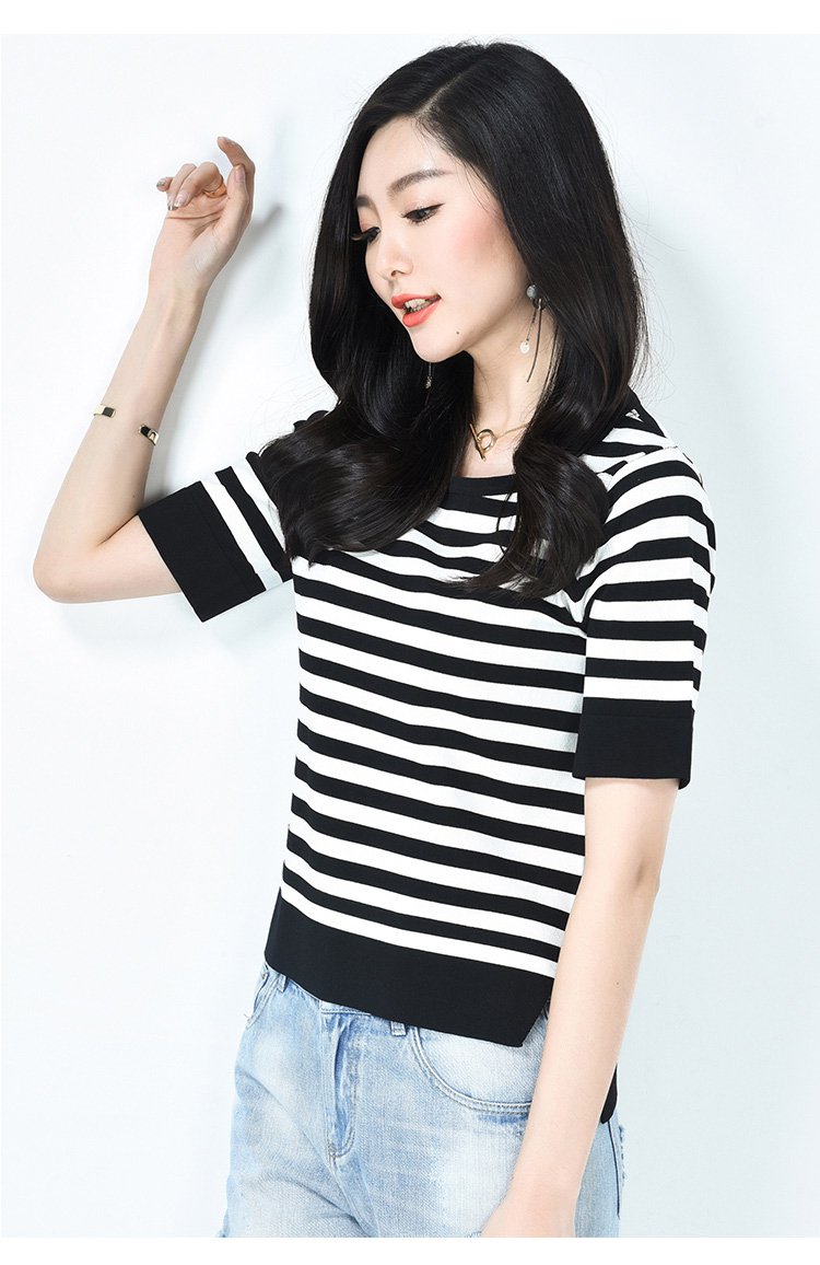 逸阳上衣2018春夏新款低领打底衫女毛针织衫条纹修身短袖t恤