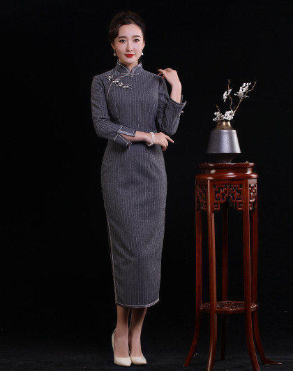 崔万志雀之恋2017冬装改良复古日常中长款毛呢旗袍裙