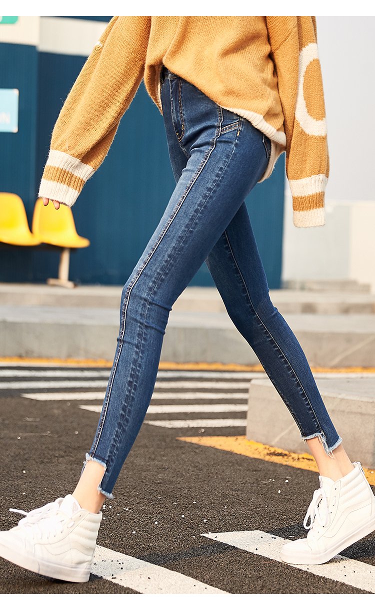 2018春款新品修身高腰明线裤脚不规则毛边女款牛仔裤小脚裤九分裤